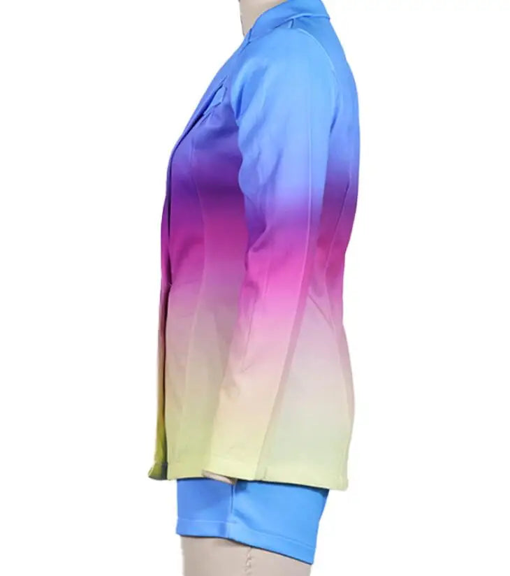 New Fashionable Printed Casual Long Sleeved Turn-down Slim Fit Single Button Jacket + Shorts Set For Women,5 Colors