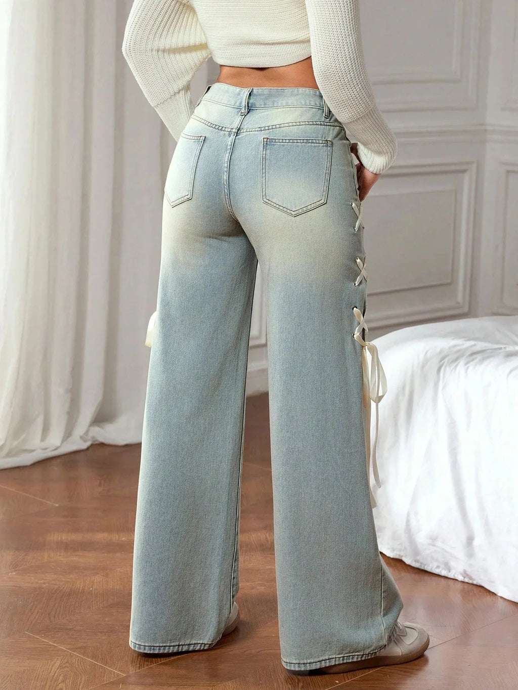 Cool Girl Sweet Ribbon Bow Jeans 2025 New Casual Wide Leg  Loose  Denim Pants Women's American Style High Street Trousers