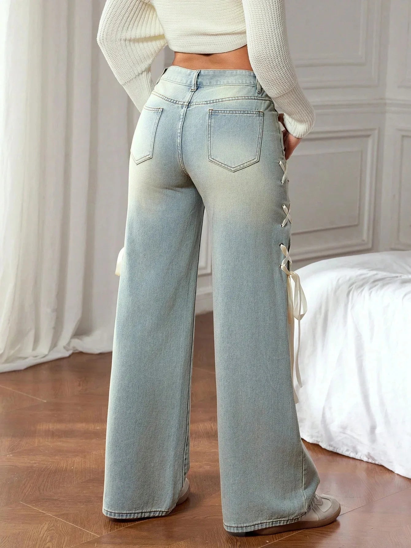 Cool Girl Sweet Ribbon Bow Jeans 2025 New Casual Wide Leg  Loose  Denim Pants Women's American Style High Street Trousers