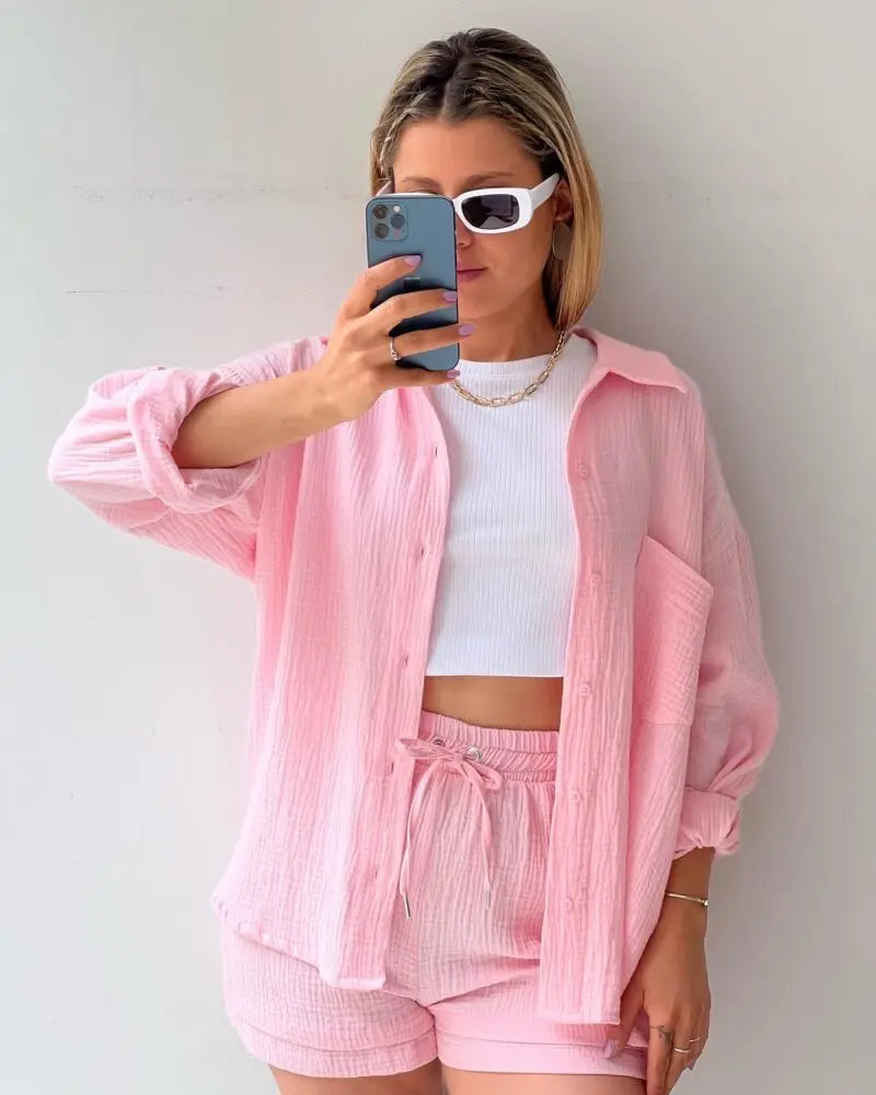 Summer Women's Suit Short Sets Outfits Muslin Suit For Women 2025 Two Piece Female Clothing Solid Button Outfits
