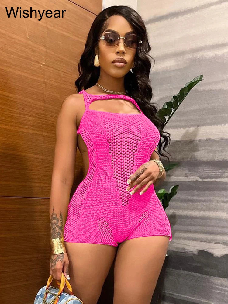 Sexy See Through Hollow Out Knitted Romper Sleeveless Crochet See Through Backless Solid Skinny Summer Beach Playsuits Clubwear
