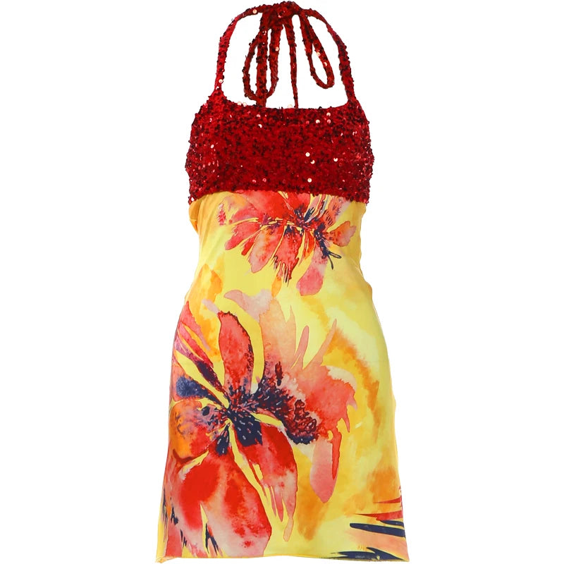 Kliou Shiny Sequins Mini Dress Woman Summer Trend Flower Print Halter Low-Neck Backless Vacation Beach Party Elegant Bodycon