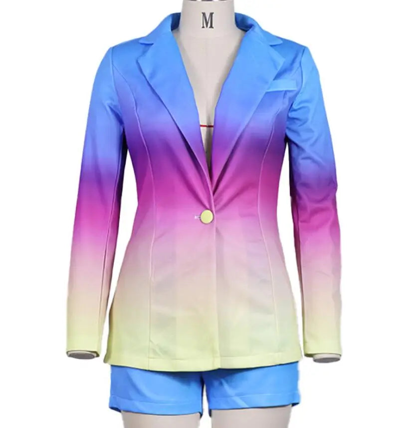 New Fashionable Printed Casual Long Sleeved Turn-down Slim Fit Single Button Jacket + Shorts Set For Women,5 Colors