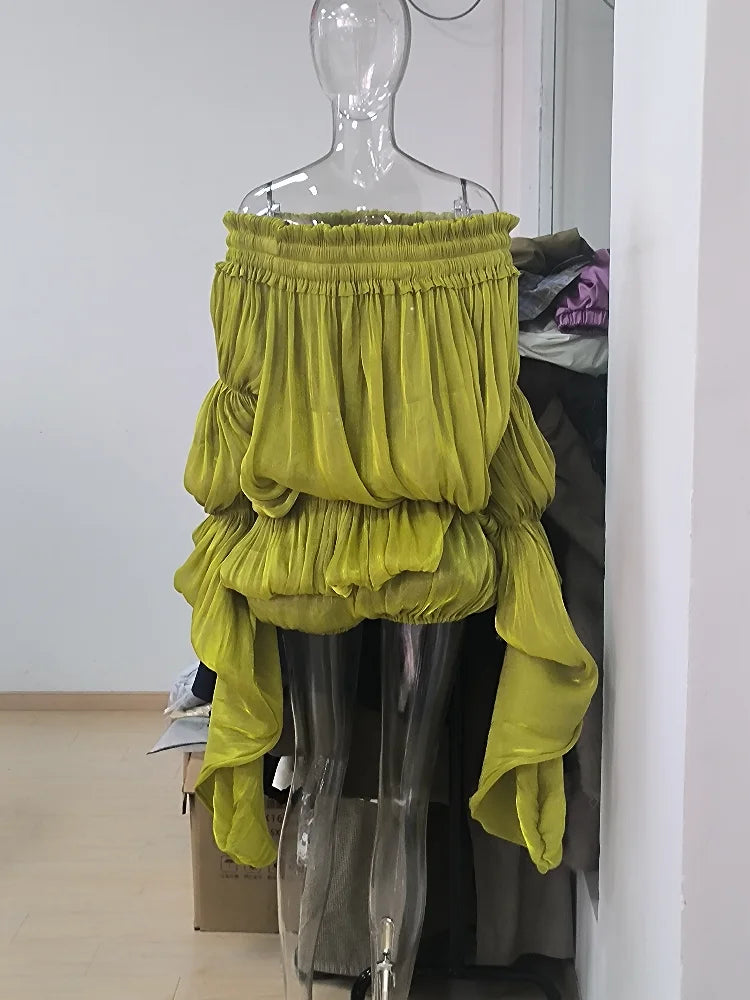 Chic Feminine Shirred Top Vintage Elegant Modest Glamorous Draped Flowy Women Tops Casual Trendy Party Streetwear