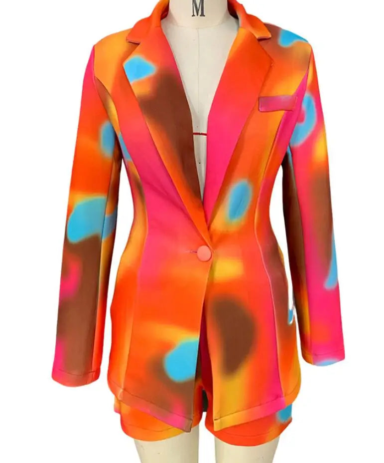 New Fashionable Printed Casual Long Sleeved Turn-down Slim Fit Single Button Jacket + Shorts Set For Women,5 Colors