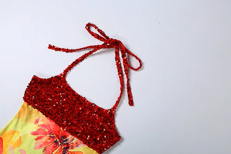 Kliou Shiny Sequins Mini Dress Woman Summer Trend Flower Print Halter Low-Neck Backless Vacation Beach Party Elegant Bodycon