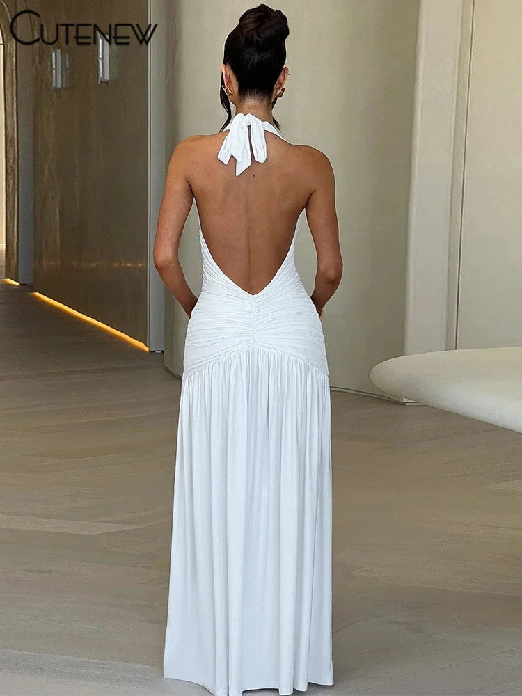 Nibber Elegant Women Long Dresses Solid Hipster Halter V-neck Backless Shirring Side Split Vestidos Female High Street New Robe