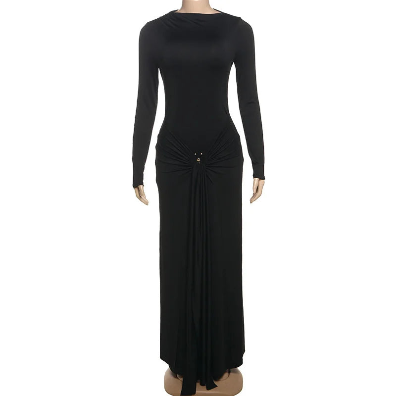 Mozision Elegant Long Sleeve Ruched Sexy Maxi Dress Women Gown Autumn Fashion Draped Bodycon Long Dresses Female Clothing