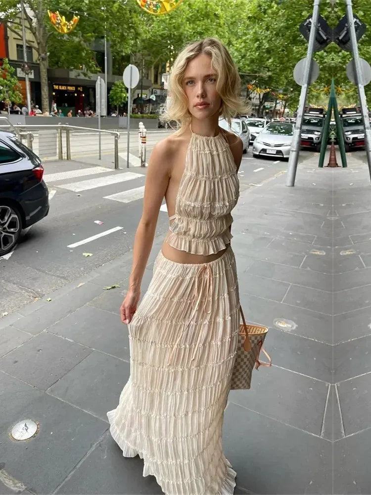 Halter Neck Long Skirt Suit Women Summer Party Beach Backless Sling Top + Lace Up Fold Maxi Skirts 2 Piece Set Female Outfits