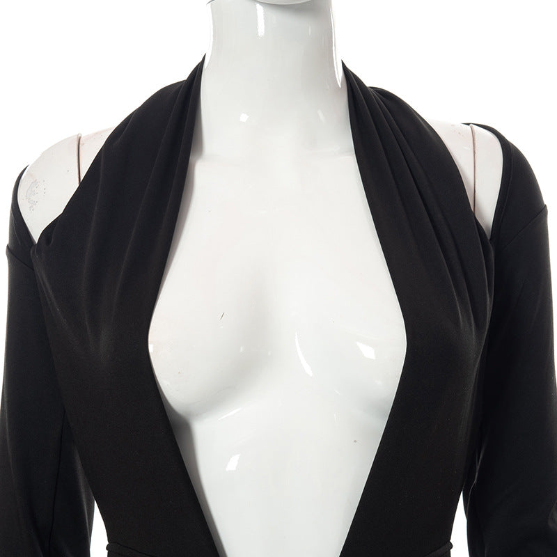 Women Sexy Bodycon Long Sleeve Halter Deep V Neck Backless Pleated Solid Slim Fit Skinny Dress for Cocktail Party