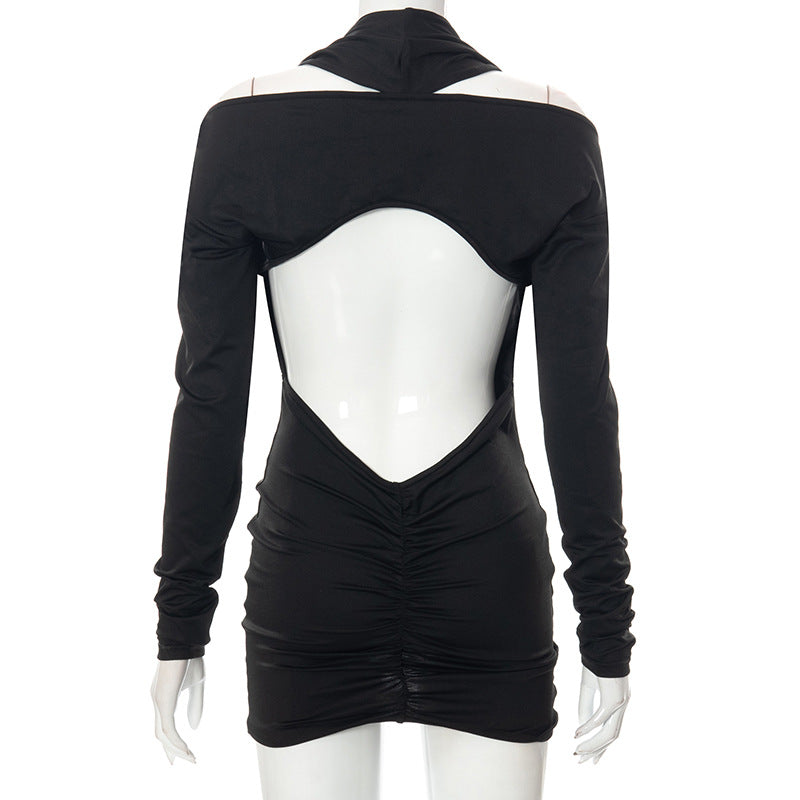 Women Sexy Bodycon Long Sleeve Halter Deep V Neck Backless Pleated Solid Slim Fit Skinny Dress for Cocktail Party