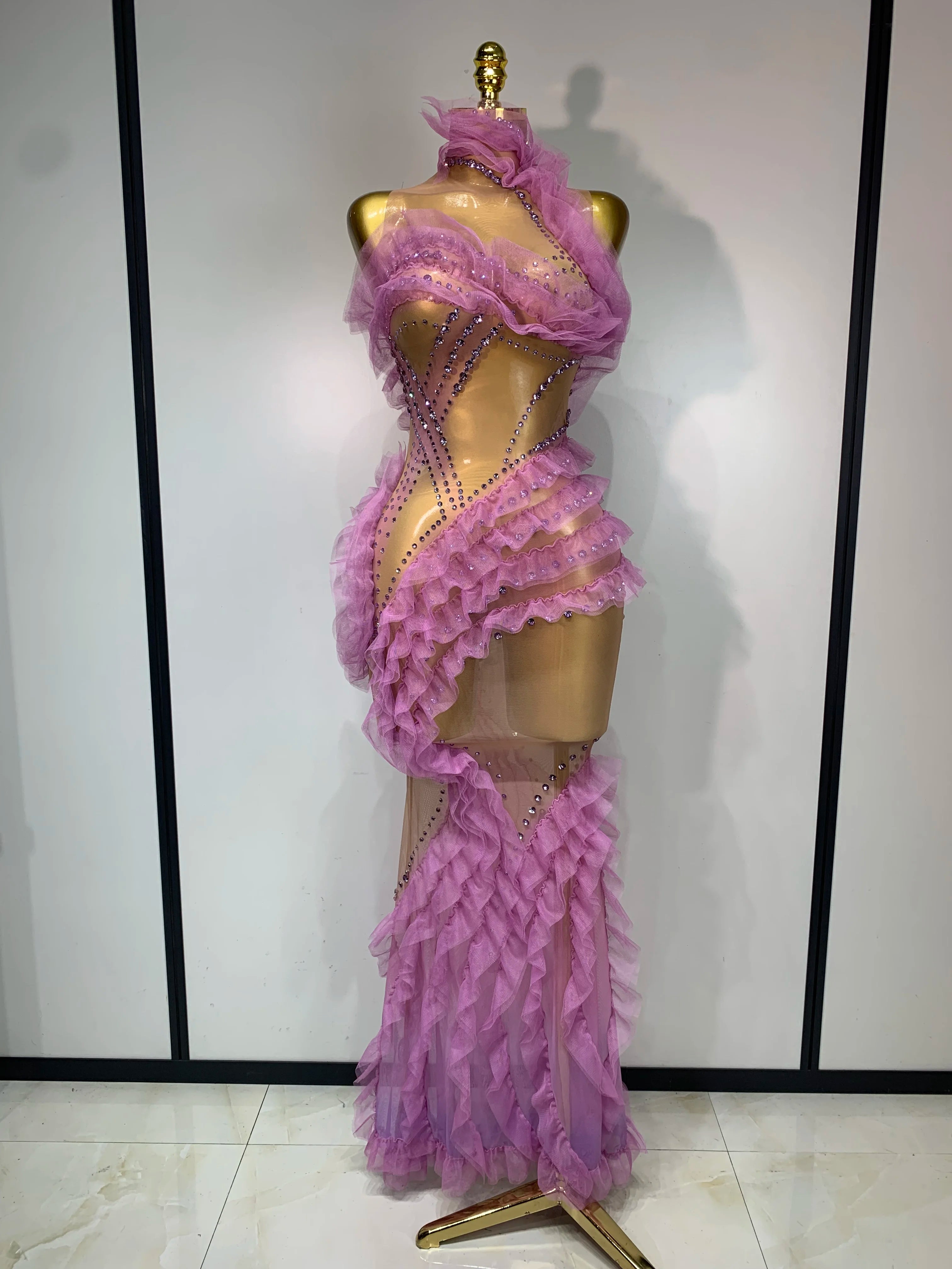 Women Sexy Mesh Ruffles Sparkly Diamonds Bodycon Maxi Long Dress Evening Party Costume Bar Nightclub Stage Performance Outfit