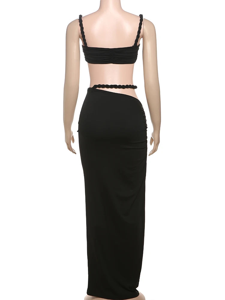 kliou Woven Sexy Women 2 Piece Set Stunning Hot Solid Pleated Crop Camisoles+High Waist Maxi Skirts Female Trend Vacation Outfit