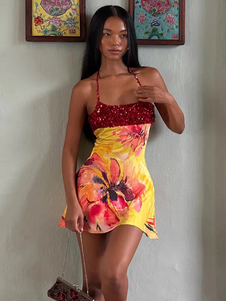Kliou Shiny Sequins Mini Dress Woman Summer Trend Flower Print Halter Low-Neck Backless Vacation Beach Party Elegant Bodycon