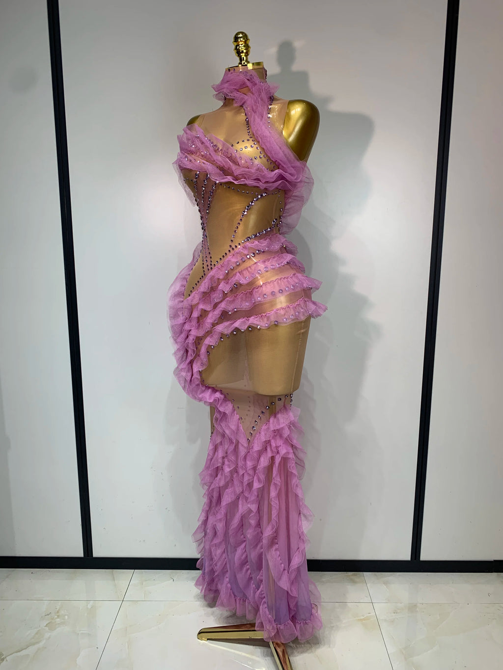 Women Sexy Mesh Ruffles Sparkly Diamonds Bodycon Maxi Long Dress Evening Party Costume Bar Nightclub Stage Performance Outfit
