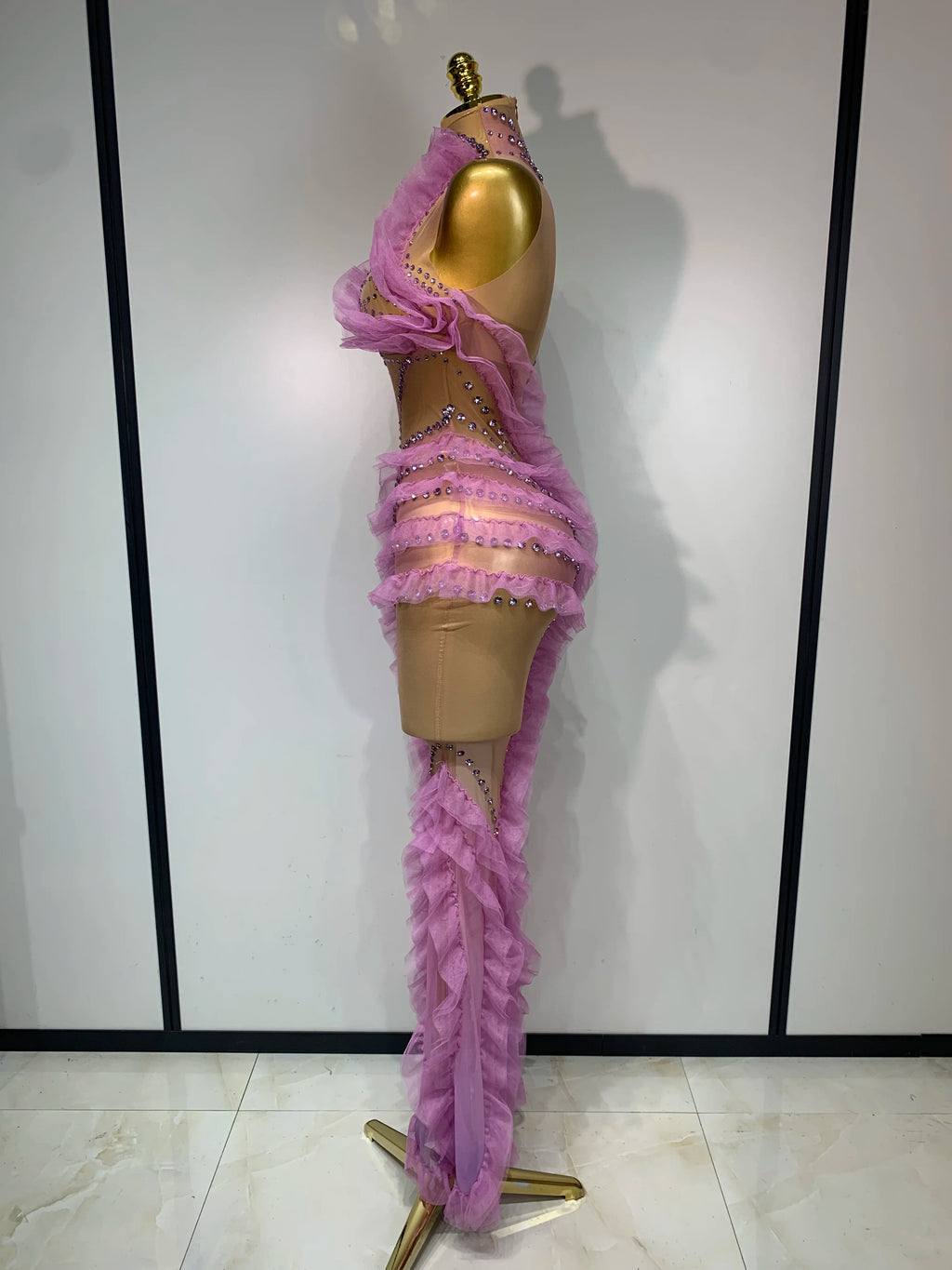 Women Sexy Mesh Ruffles Sparkly Diamonds Bodycon Maxi Long Dress Evening Party Costume Bar Nightclub Stage Performance Outfit