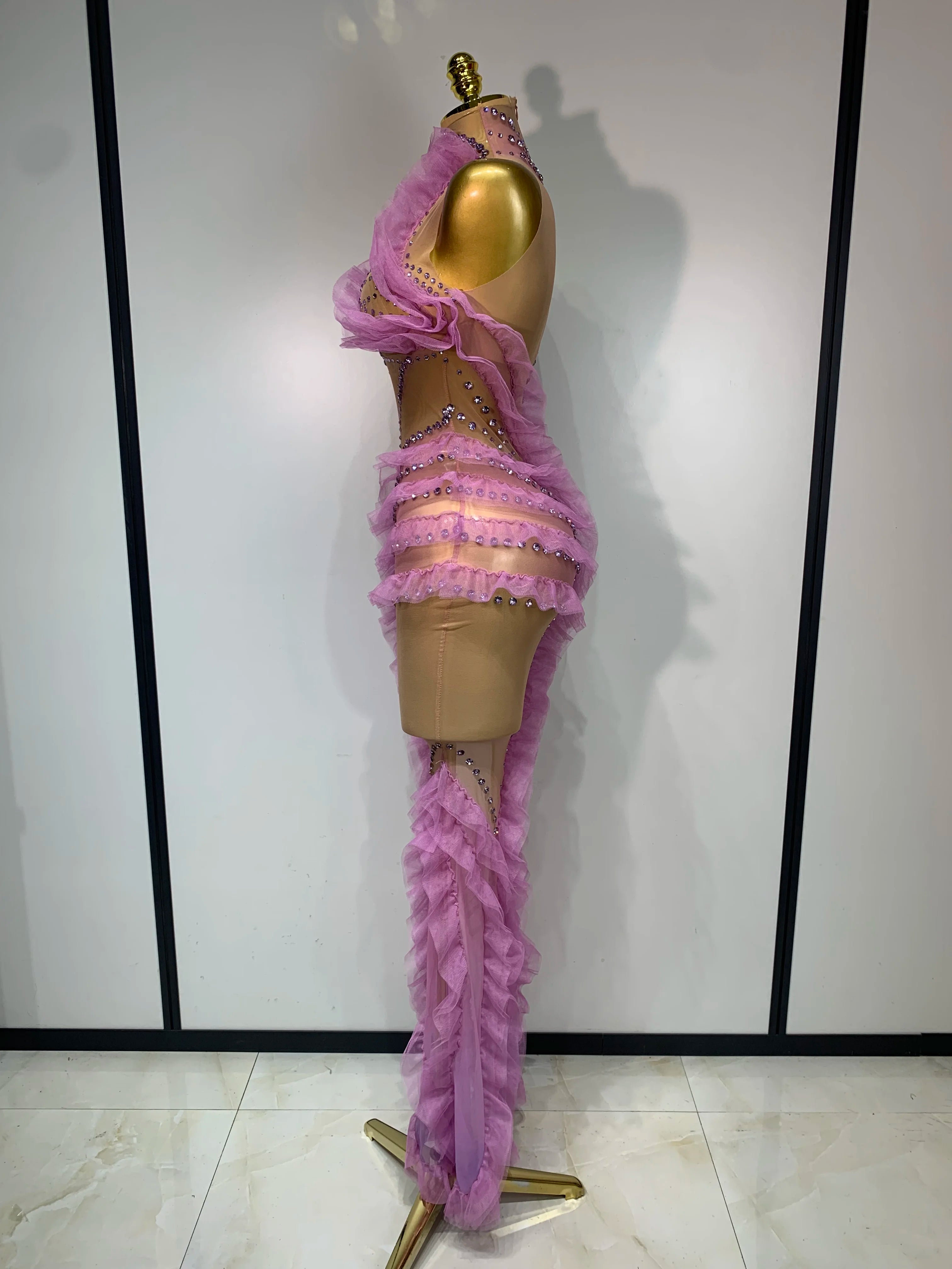 Women Sexy Mesh Ruffles Sparkly Diamonds Bodycon Maxi Long Dress Evening Party Costume Bar Nightclub Stage Performance Outfit