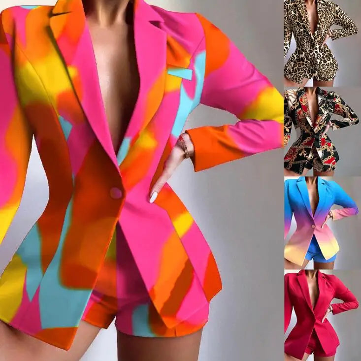 New Fashionable Printed Casual Long Sleeved Turn-down Slim Fit Single Button Jacket + Shorts Set For Women,5 Colors