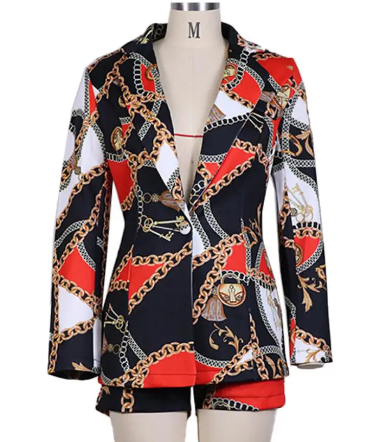 New Fashionable Printed Casual Long Sleeved Turn-down Slim Fit Single Button Jacket + Shorts Set For Women,5 Colors