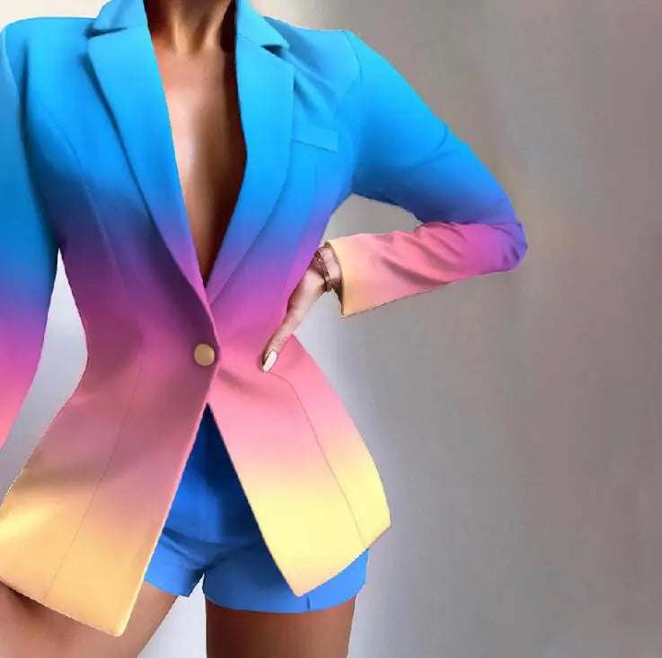 New Fashionable Printed Casual Long Sleeved Turn-down Slim Fit Single Button Jacket + Shorts Set For Women,5 Colors