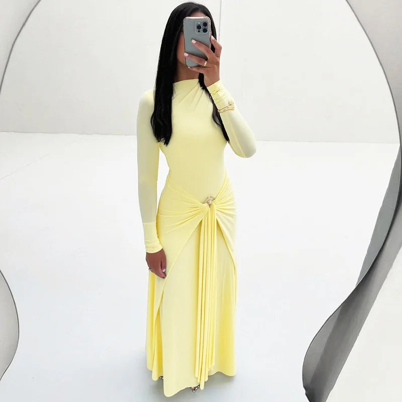 Mozision Elegant Long Sleeve Ruched Sexy Maxi Dress Women Gown Autumn Fashion Draped Bodycon Long Dresses Female Clothing