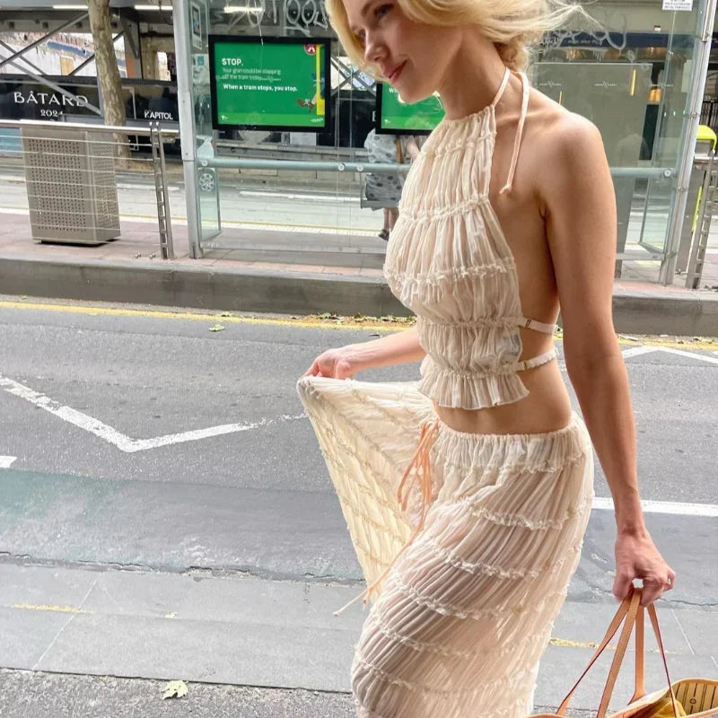 Halter Neck Long Skirt Suit Women Summer Party Beach Backless Sling Top + Lace Up Fold Maxi Skirts 2 Piece Set Female Outfits