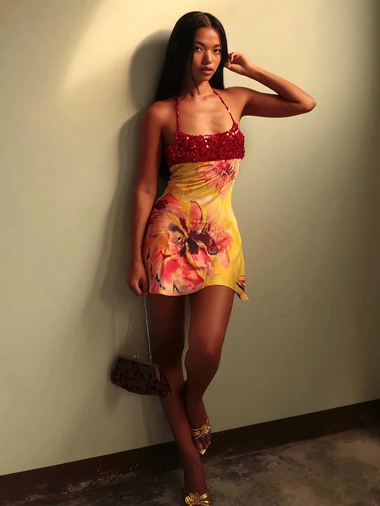 Kliou Shiny Sequins Mini Dress Woman Summer Trend Flower Print Halter Low-Neck Backless Vacation Beach Party Elegant Bodycon