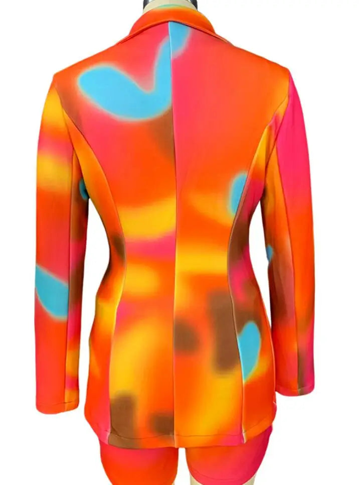 New Fashionable Printed Casual Long Sleeved Turn-down Slim Fit Single Button Jacket + Shorts Set For Women,5 Colors