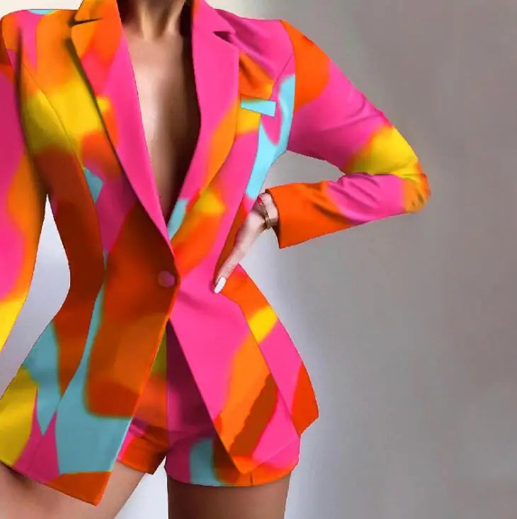 New Fashionable Printed Casual Long Sleeved Turn-down Slim Fit Single Button Jacket + Shorts Set For Women,5 Colors