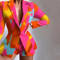 New Fashionable Printed Casual Long Sleeved Turn-down Slim Fit Single Button Jacket + Shorts Set For Women,5 Colors