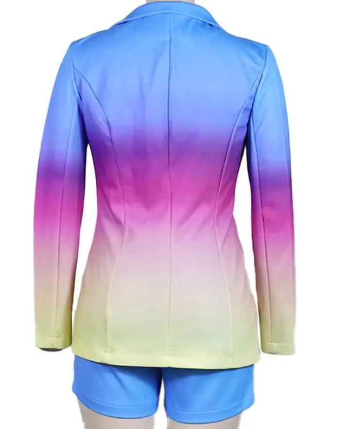 New Fashionable Printed Casual Long Sleeved Turn-down Slim Fit Single Button Jacket + Shorts Set For Women,5 Colors