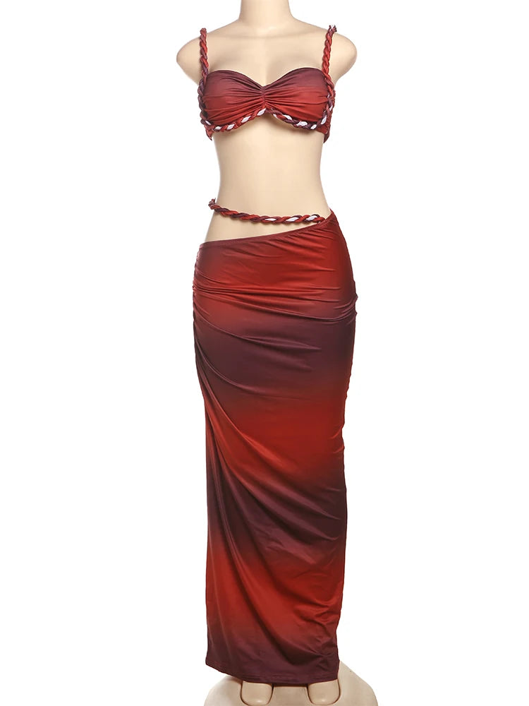 kliou Woven Sexy Women 2 Piece Set Stunning Hot Solid Pleated Crop Camisoles+High Waist Maxi Skirts Female Trend Vacation Outfit