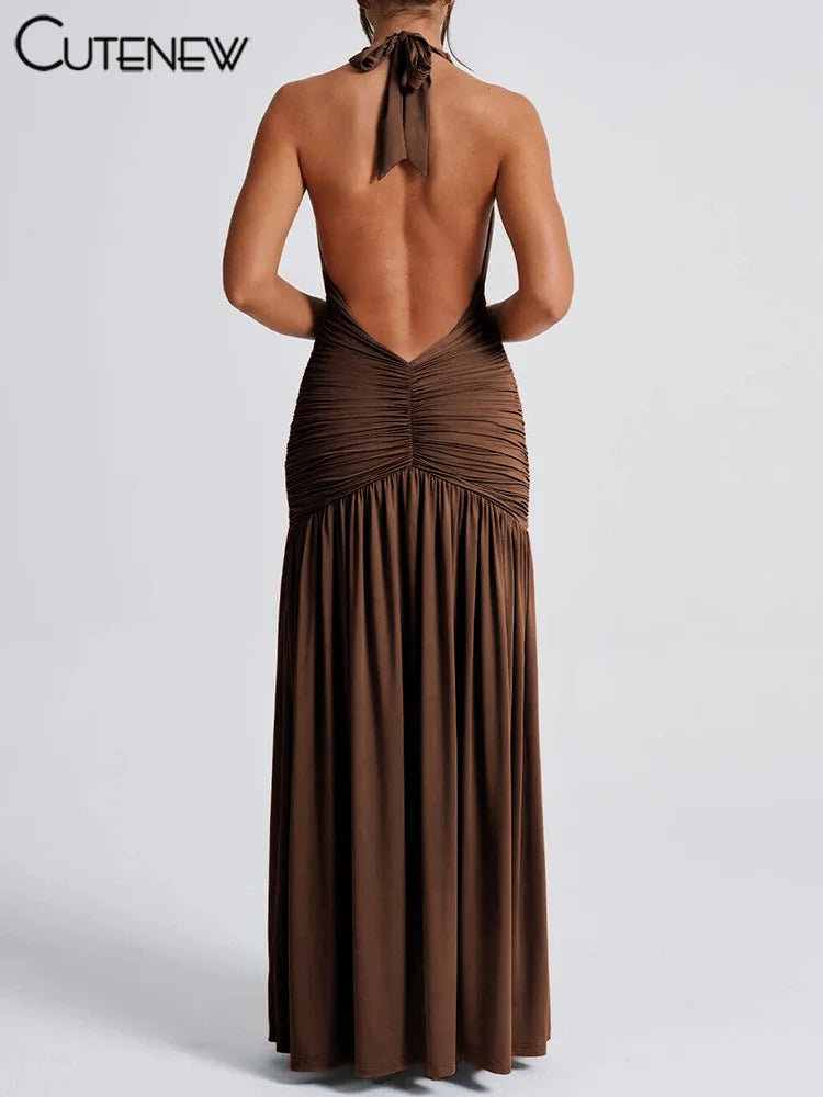 Nibber Elegant Women Long Dresses Solid Hipster Halter V-neck Backless Shirring Side Split Vestidos Female High Street New Robe