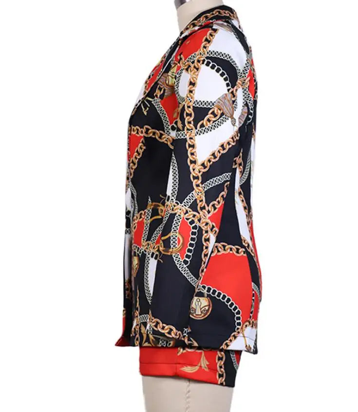 New Fashionable Printed Casual Long Sleeved Turn-down Slim Fit Single Button Jacket + Shorts Set For Women,5 Colors