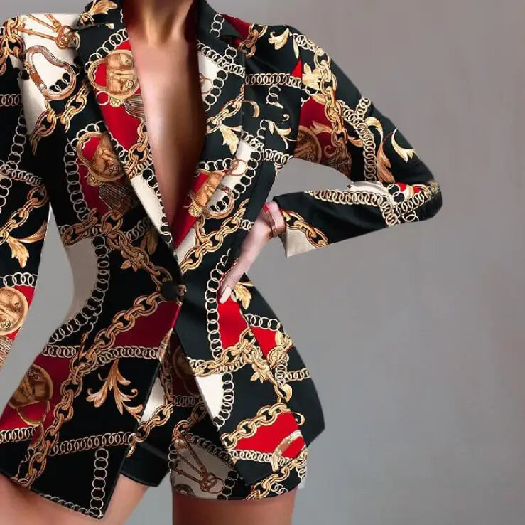 New Fashionable Printed Casual Long Sleeved Turn-down Slim Fit Single Button Jacket + Shorts Set For Women,5 Colors