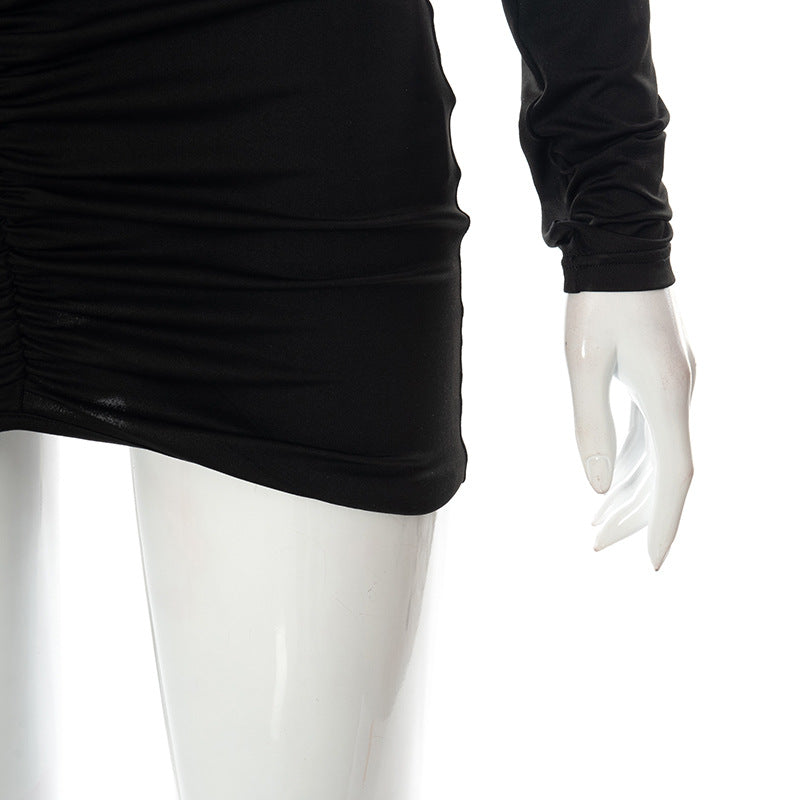 Women Sexy Bodycon Long Sleeve Halter Deep V Neck Backless Pleated Solid Slim Fit Skinny Dress for Cocktail Party