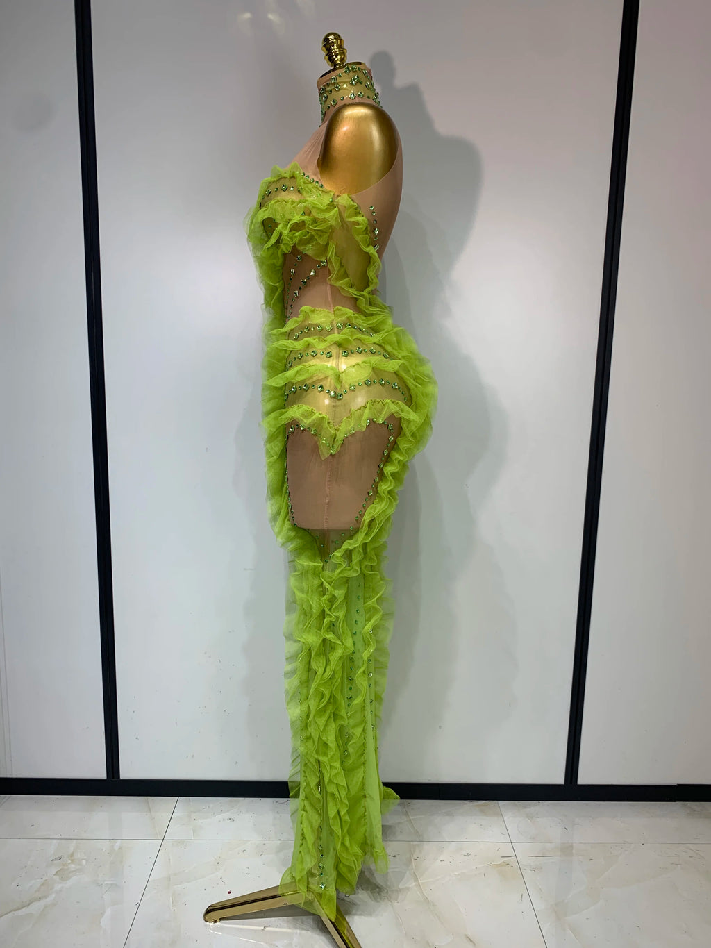 Women Sexy Mesh Ruffles Sparkly Diamonds Bodycon Maxi Long Dress Evening Party Costume Bar Nightclub Stage Performance Outfit