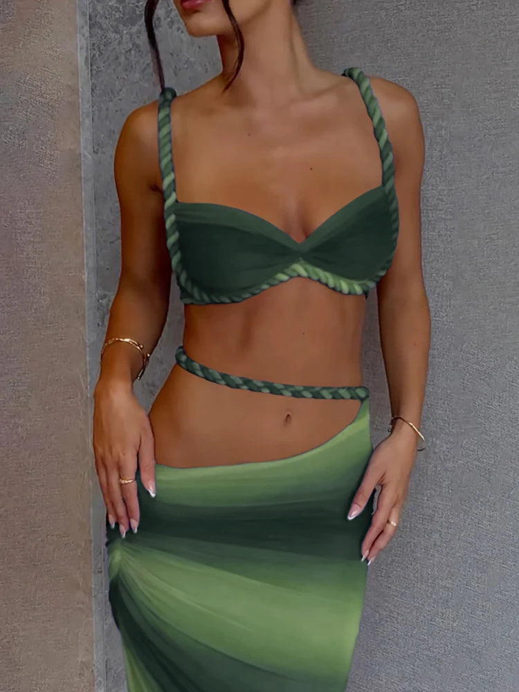 kliou Woven Sexy Women 2 Piece Set Stunning Hot Solid Pleated Crop Camisoles+High Waist Maxi Skirts Female Trend Vacation Outfit