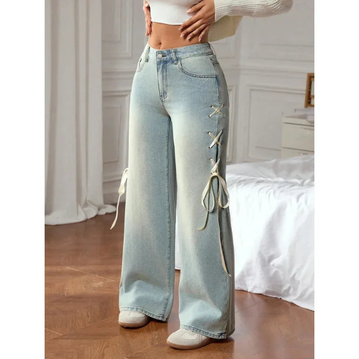 Cool Girl Sweet Ribbon Bow Jeans 2025 New Casual Wide Leg  Loose  Denim Pants Women's American Style High Street Trousers