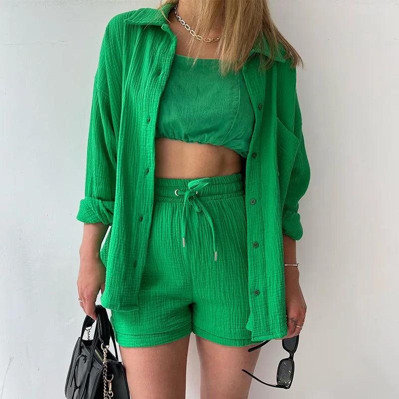 Summer Women's Suit Short Sets Outfits Muslin Suit For Women 2025 Two Piece Female Clothing Solid Button Outfits