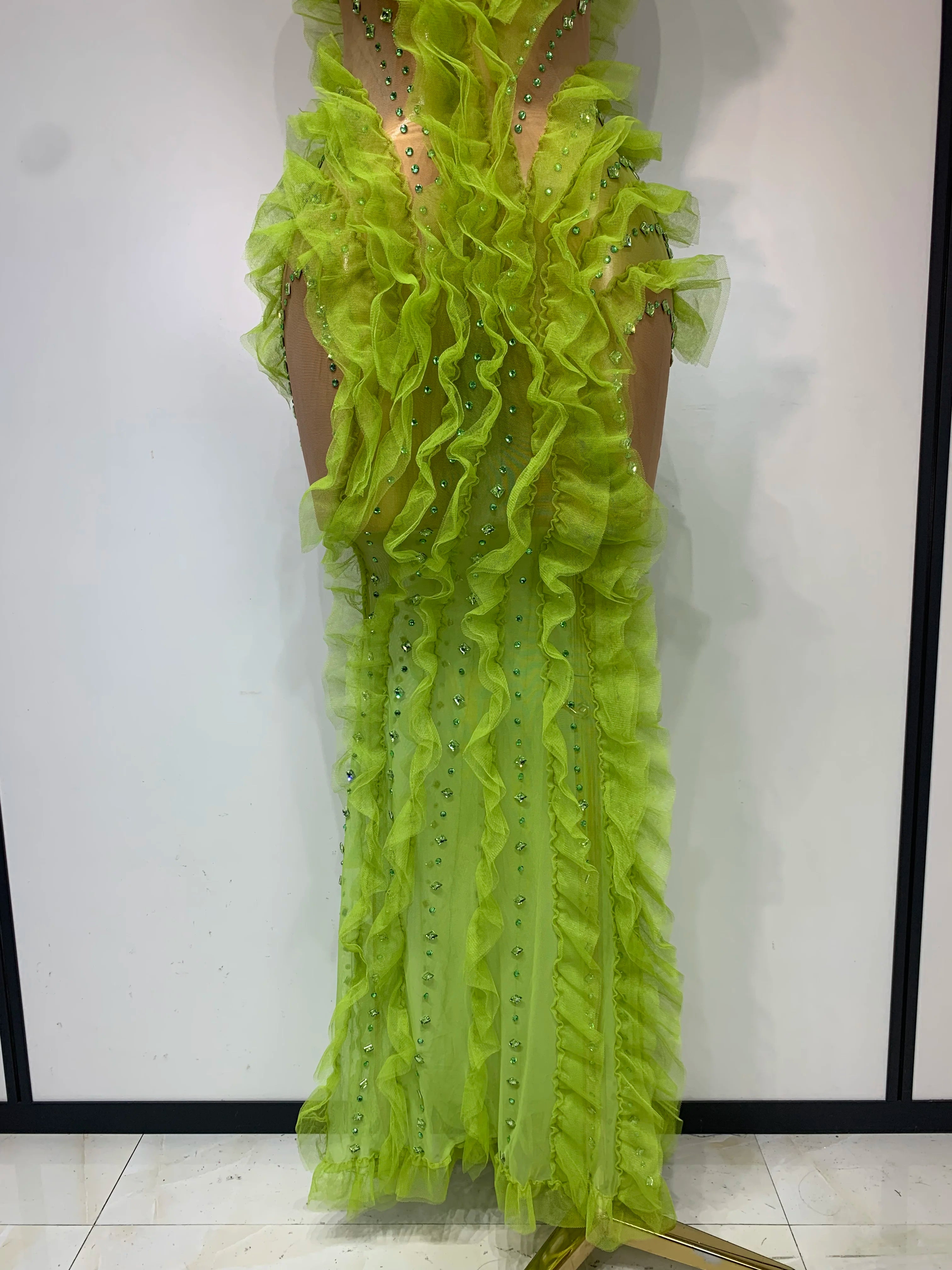 Women Sexy Mesh Ruffles Sparkly Diamonds Bodycon Maxi Long Dress Evening Party Costume Bar Nightclub Stage Performance Outfit