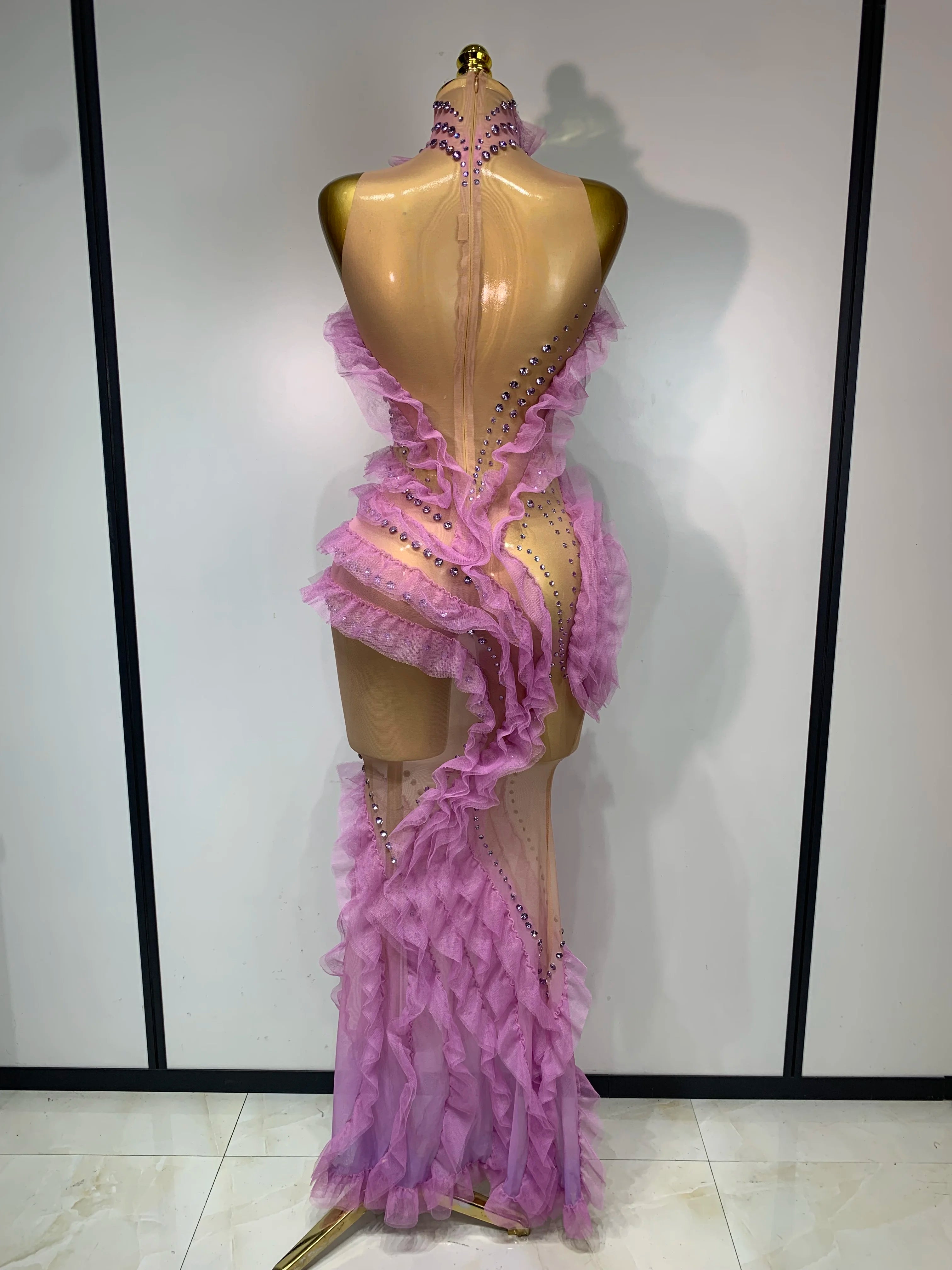 Women Sexy Mesh Ruffles Sparkly Diamonds Bodycon Maxi Long Dress Evening Party Costume Bar Nightclub Stage Performance Outfit