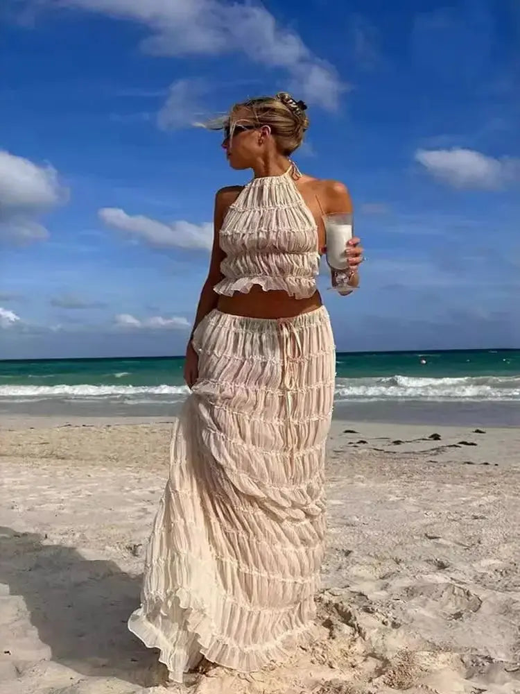 Halter Neck Long Skirt Suit Women Summer Party Beach Backless Sling Top + Lace Up Fold Maxi Skirts 2 Piece Set Female Outfits