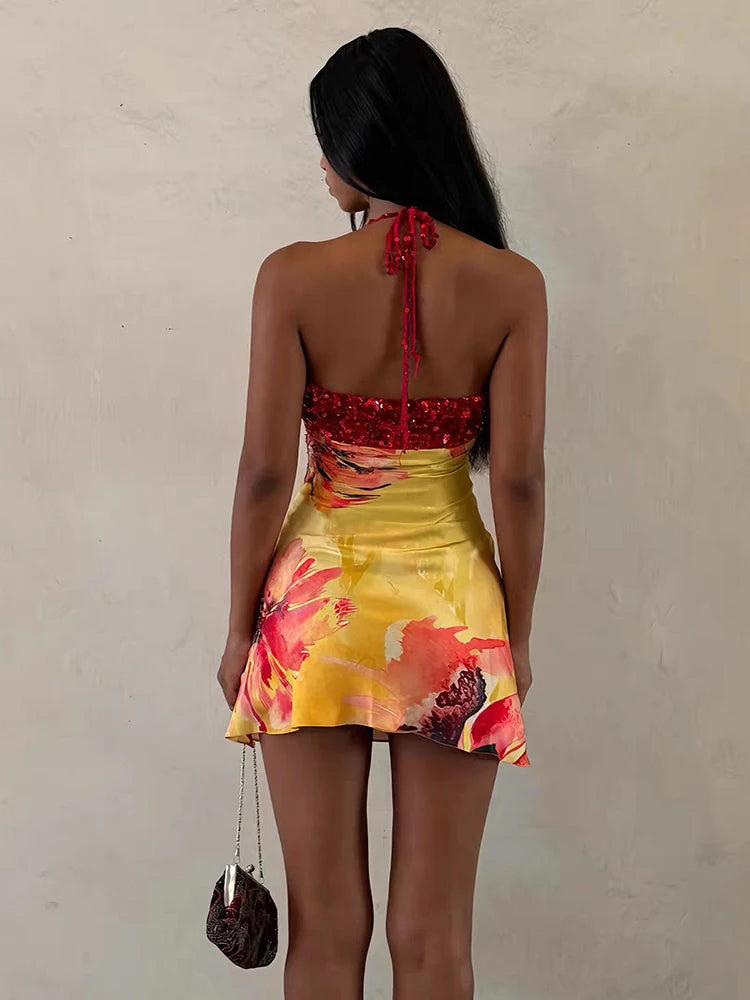 Kliou Shiny Sequins Mini Dress Woman Summer Trend Flower Print Halter Low-Neck Backless Vacation Beach Party Elegant Bodycon