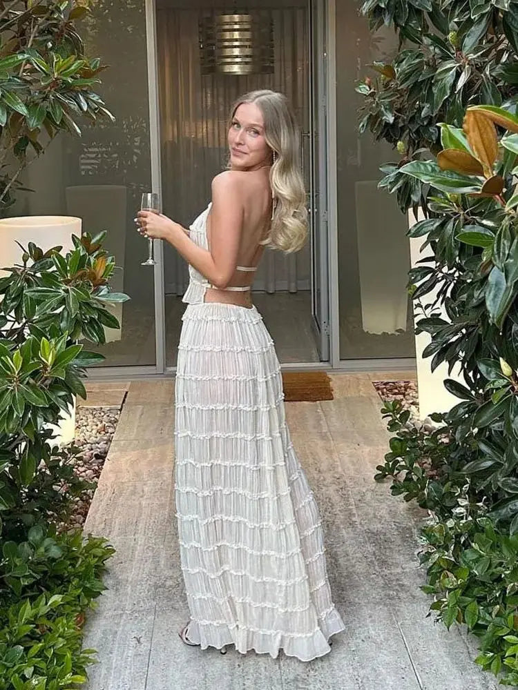 Halter Neck Long Skirt Suit Women Summer Party Beach Backless Sling Top + Lace Up Fold Maxi Skirts 2 Piece Set Female Outfits