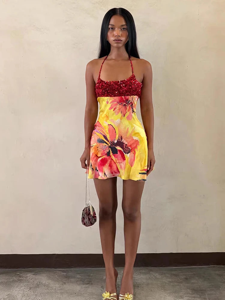 Kliou Shiny Sequins Mini Dress Woman Summer Trend Flower Print Halter Low-Neck Backless Vacation Beach Party Elegant Bodycon