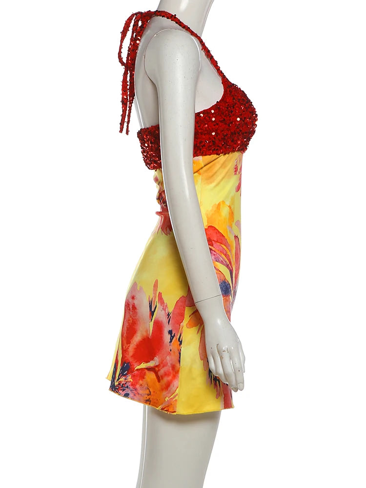 Kliou Shiny Sequins Mini Dress Woman Summer Trend Flower Print Halter Low-Neck Backless Vacation Beach Party Elegant Bodycon