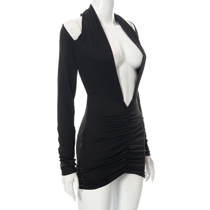 Women Sexy Bodycon Long Sleeve Halter Deep V Neck Backless Pleated Solid Slim Fit Skinny Dress for Cocktail Party