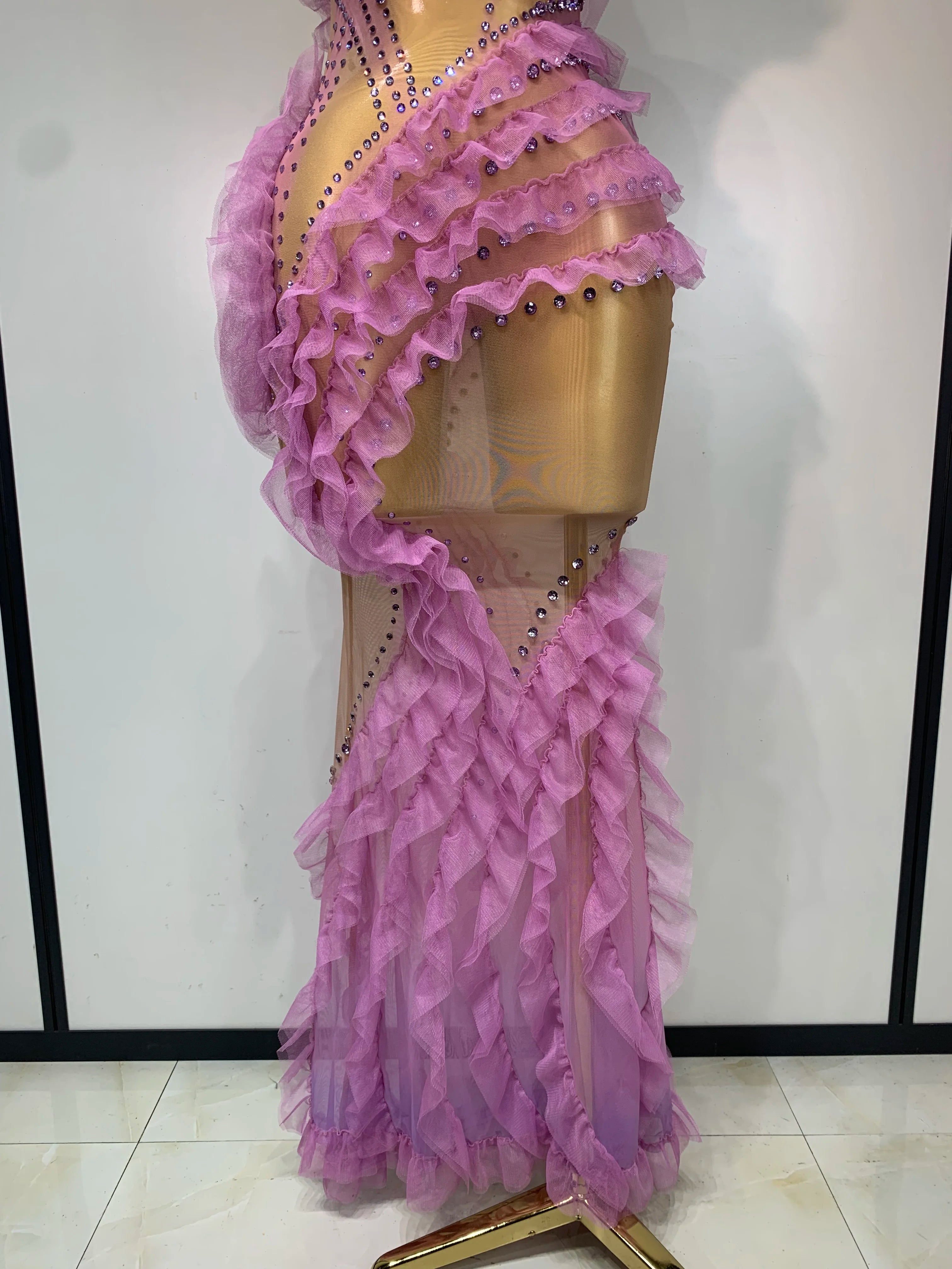 Women Sexy Mesh Ruffles Sparkly Diamonds Bodycon Maxi Long Dress Evening Party Costume Bar Nightclub Stage Performance Outfit