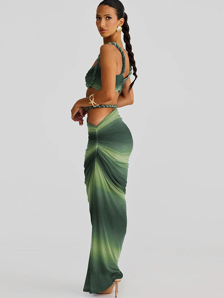 kliou Woven Sexy Women 2 Piece Set Stunning Hot Solid Pleated Crop Camisoles+High Waist Maxi Skirts Female Trend Vacation Outfit